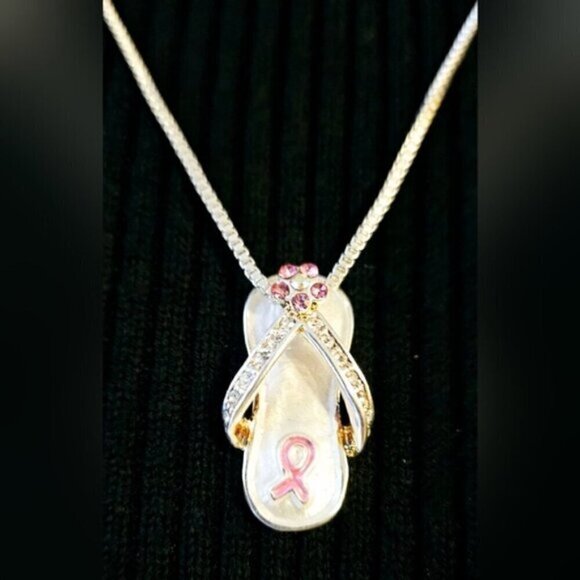 Pink Ribbon Breast Cancer Awareness Flip Flop Pendant Necklace Silvertone - Picture 5 of 7